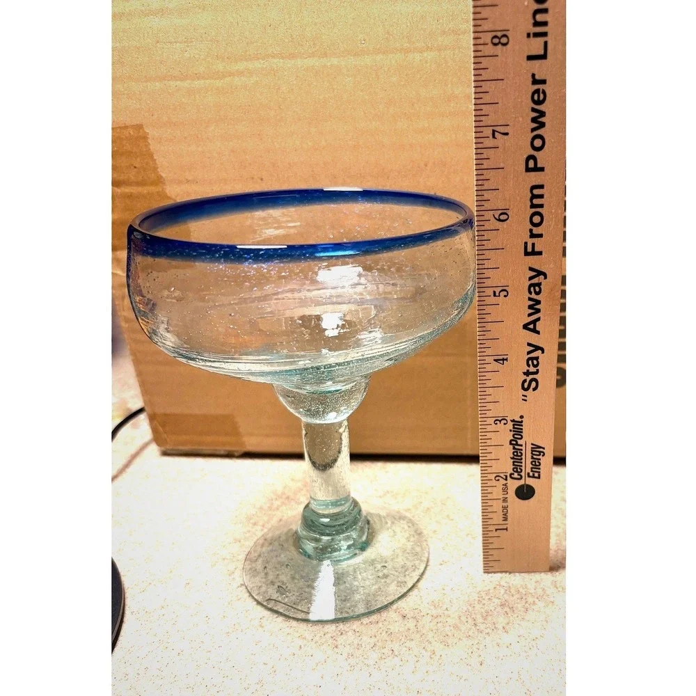 Margarita Glass Clear Blue Good‎ Hand Blown Cobalt Rim